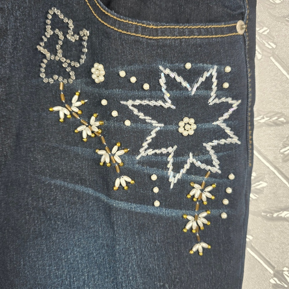 NWC‎ The Needlework by Sonny Chugani Jeans Women 34 Dark Blue Flare Leg Beaded - Picture 12 of 16